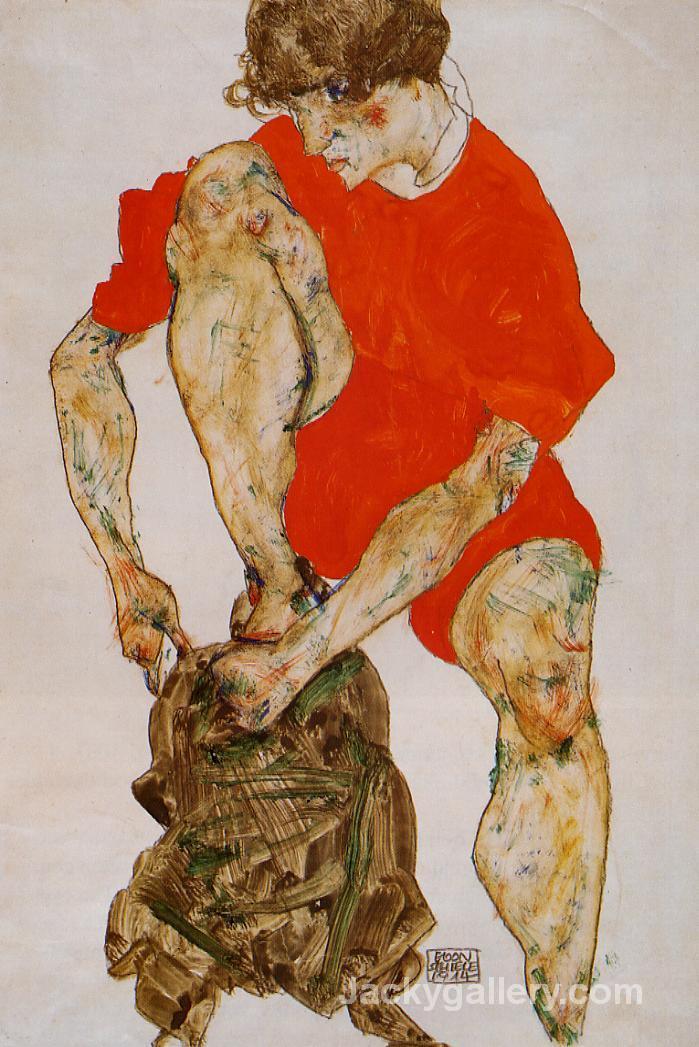 Female Model in Bright Red Jacket and Pants by Egon Schiele paintings reproduction